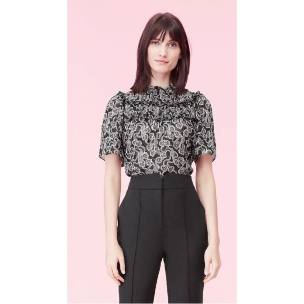 Rebecca Taylor Celia Lace Clip Silk Blend Top In Black Combo Size 10 MSRP $350